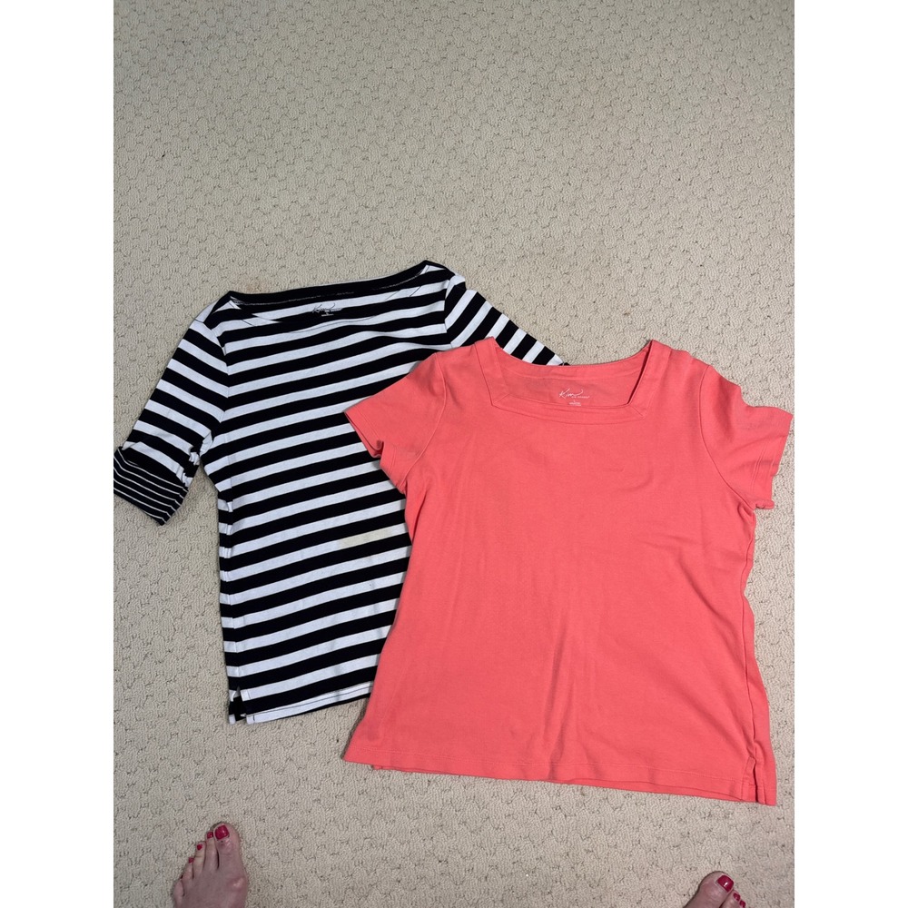 Kim Rogers Womens Large Cotton Top Bundle Striped Boat Neck & Coral Square Neck